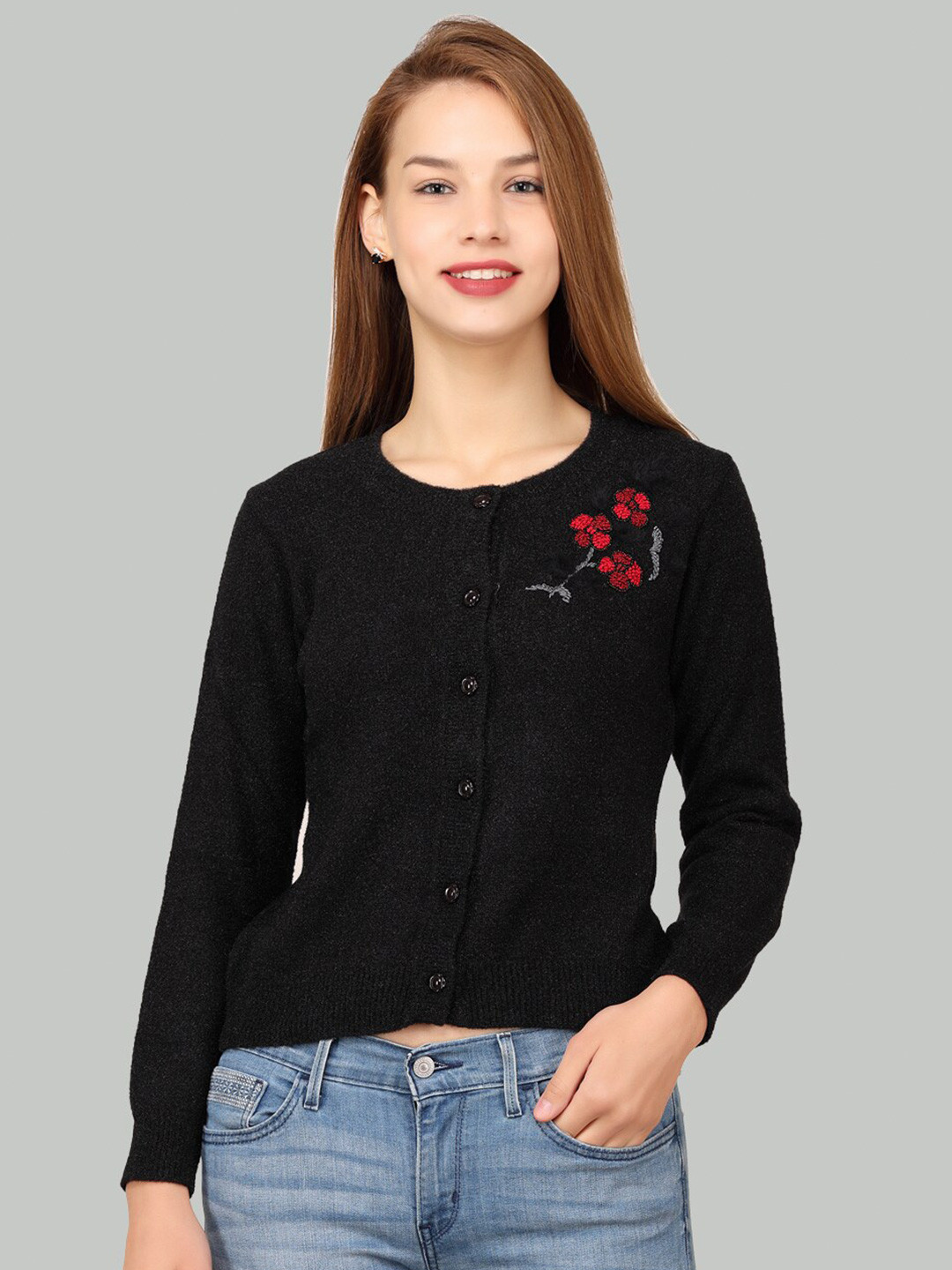 

LA-VITA Floral Woollen Cardigan With Embroidered Detail, Black