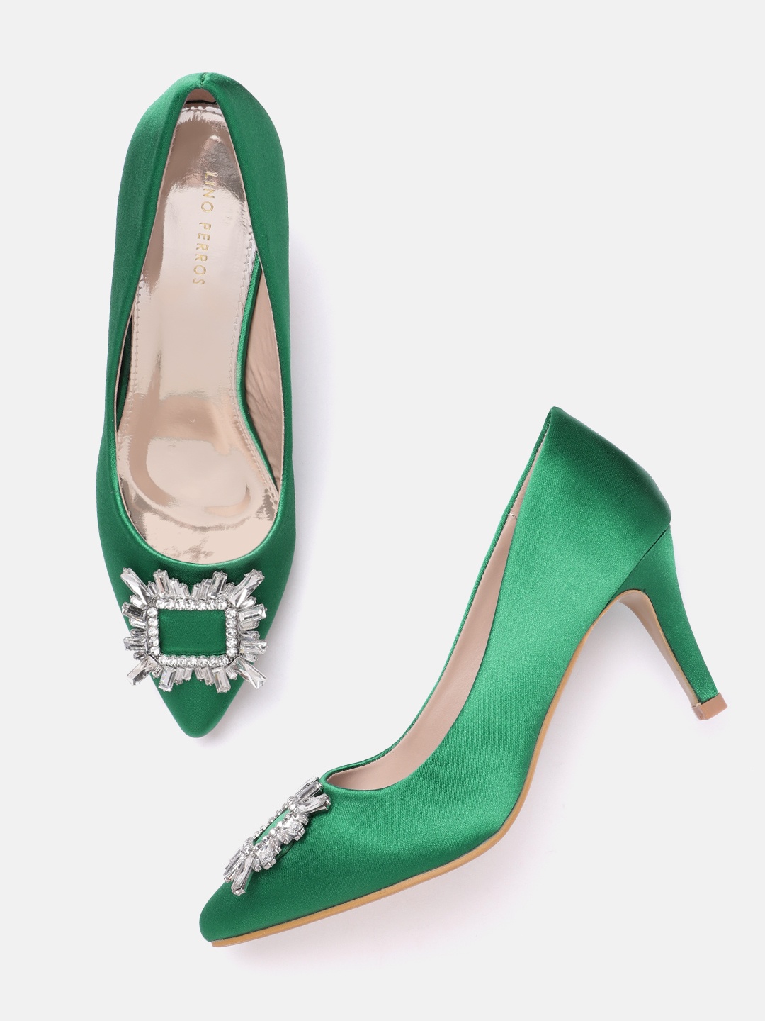 

Lino Perros Faux Crystal Broach Stiletto Pumps, Green