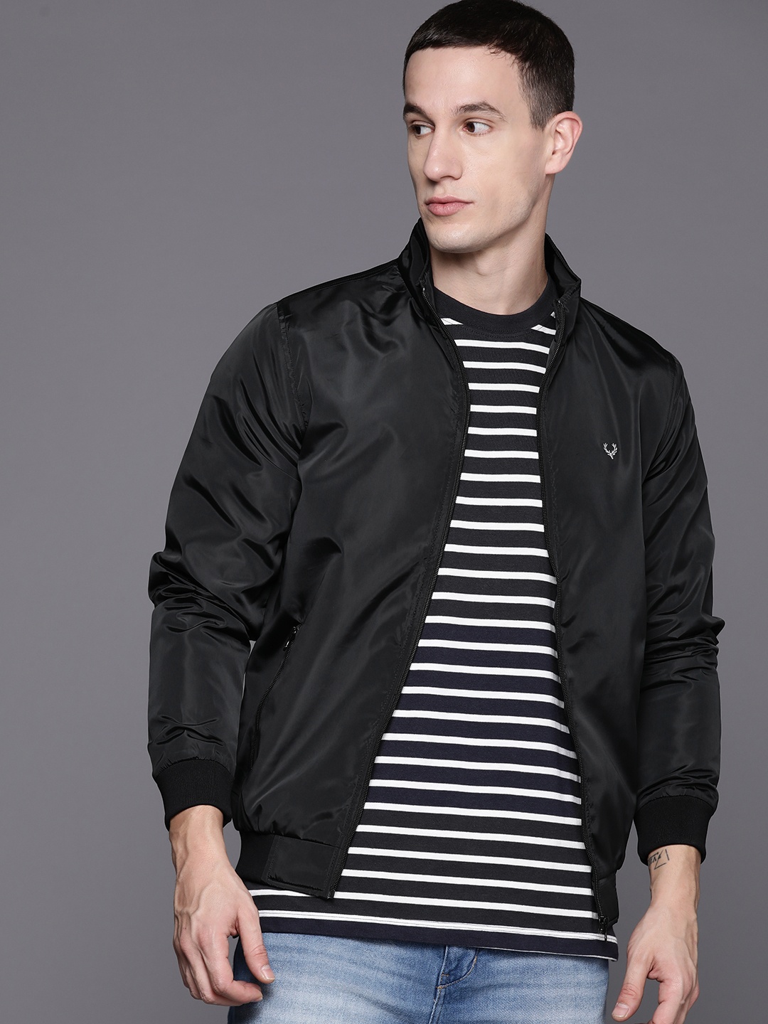 

Allen Solly Solid Mock Collar Bomber Jacket, Black