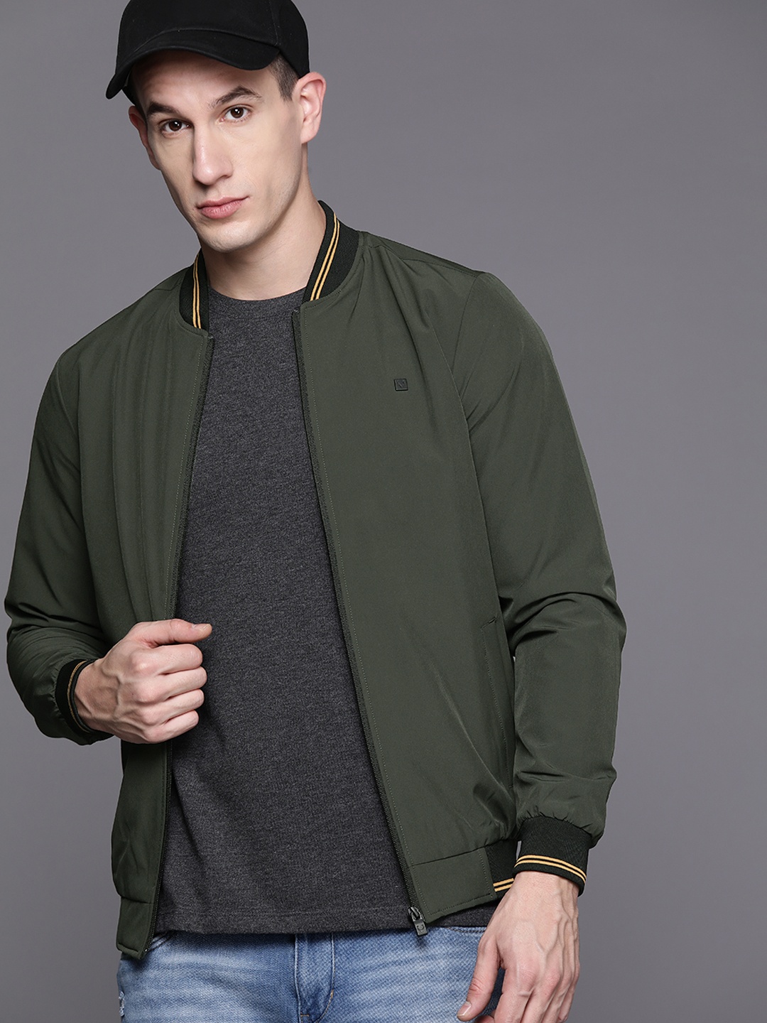 

Allen Solly Solid Stand Collar Bomber Jacket, Olive