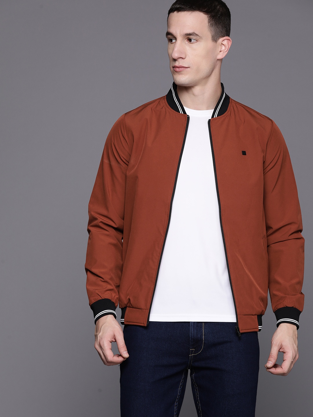 

Allen Solly Solid Stand Collar Bomber Jacket, Rust