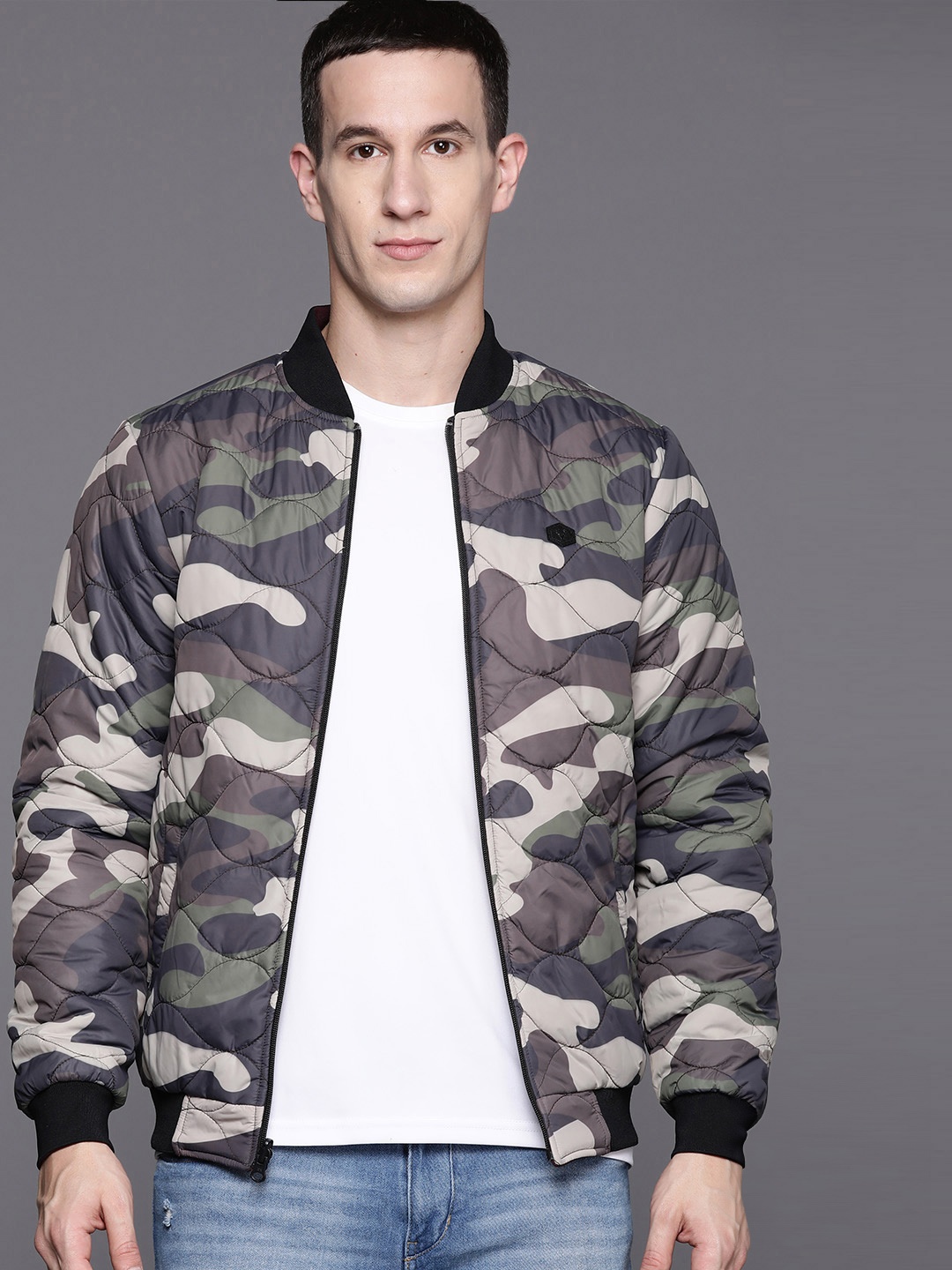 

Allen Solly Solid Stand Collar Reversible Bomber Jacket, Khaki