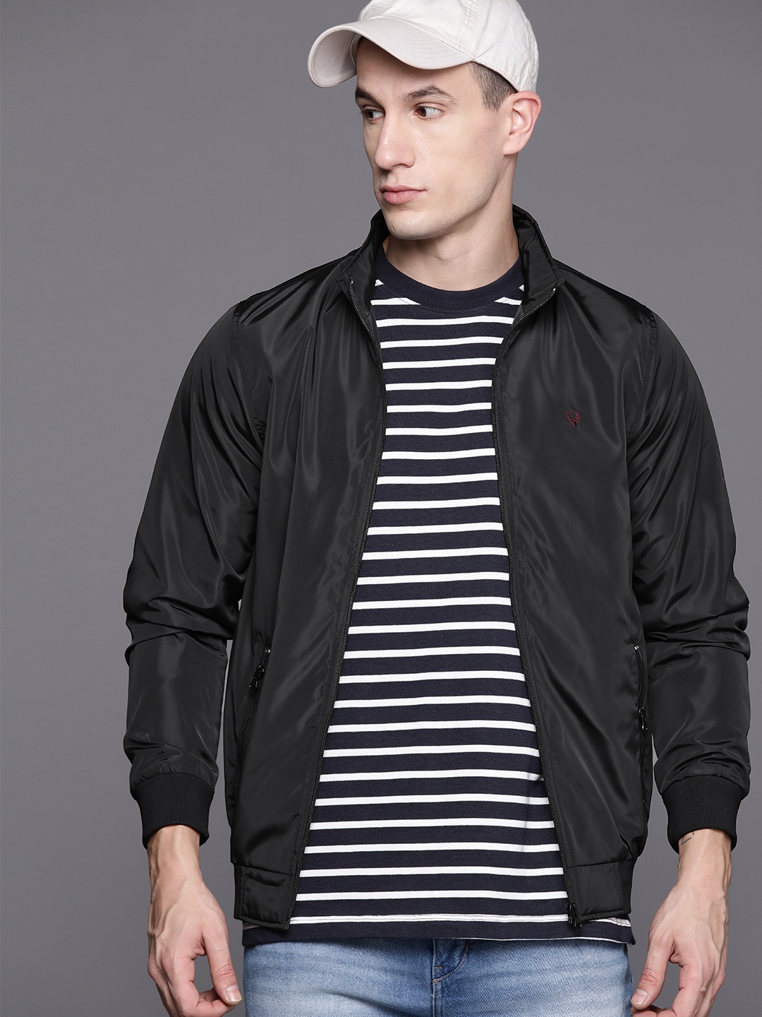 

Allen Solly Solid Mock Collar Bomber Jacket, Black