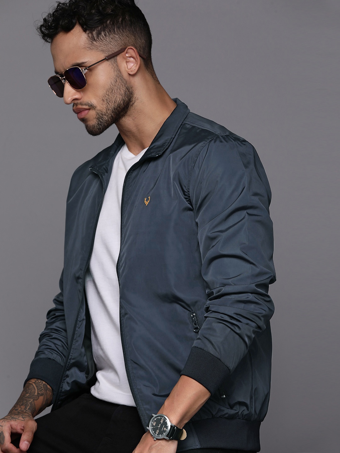 

Allen Solly Mock Collar Bomber Jacket, Navy blue