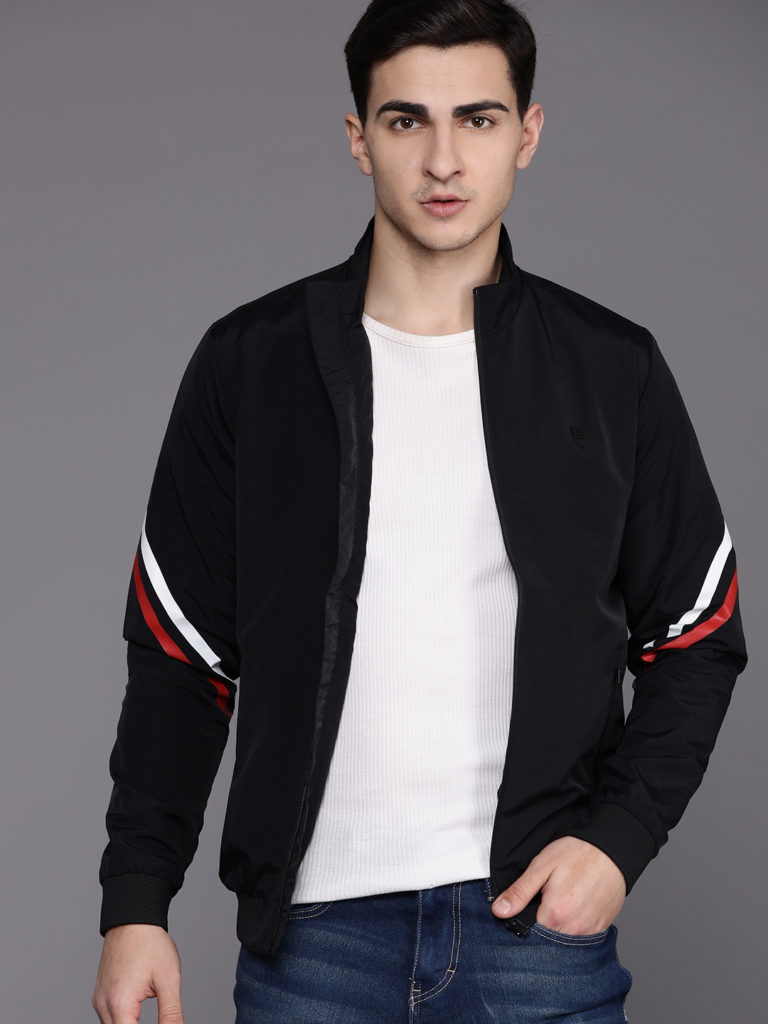 

Allen Solly Mock Collar Striped Detailed Bomber Jacket, Black