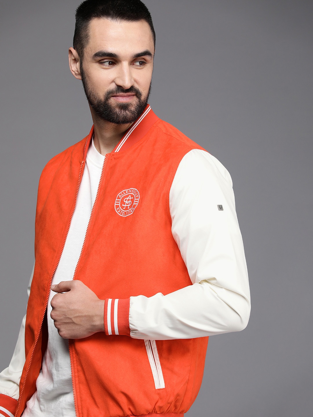 

Allen Solly Men Solid Varsity Jacket, Orange