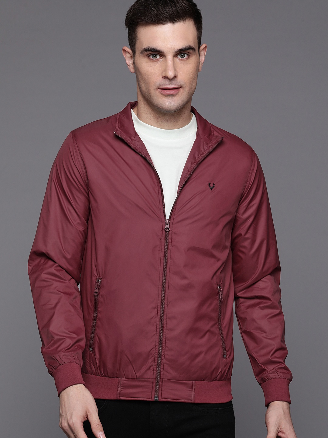 

Allen Solly Solid Mock Collar Bomber Jacket, Maroon