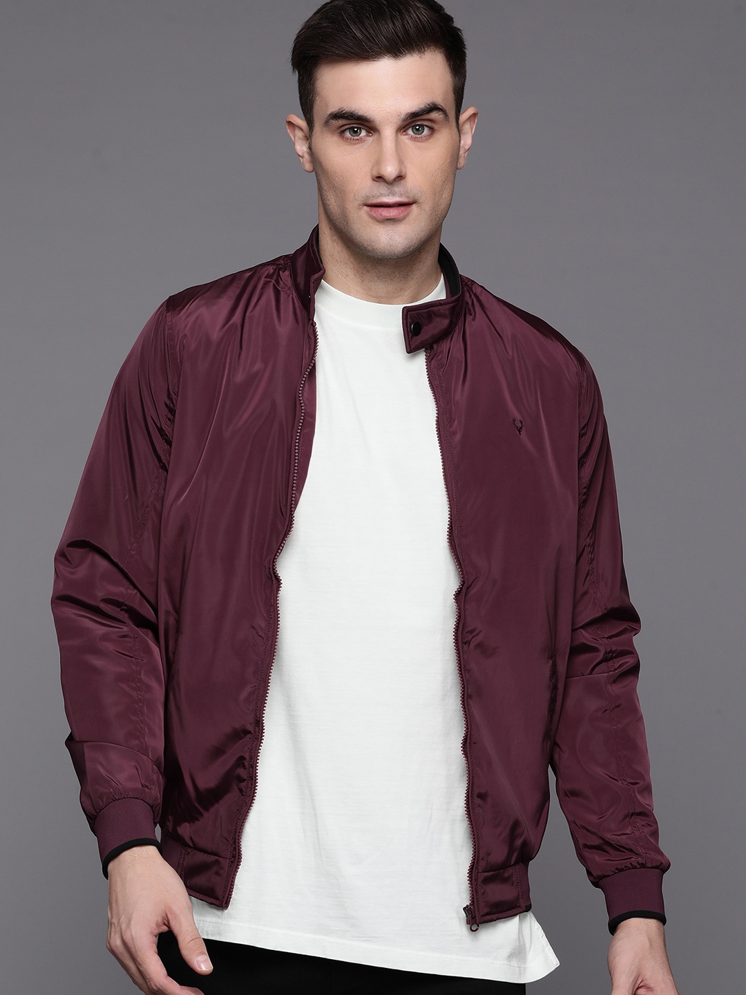 

Allen Solly Solid Mock Collar Bomber Jacket, Burgundy