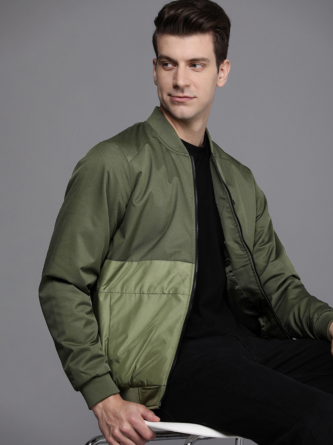 

Allen Solly Men Colourblocked Bomber Jacket, Green