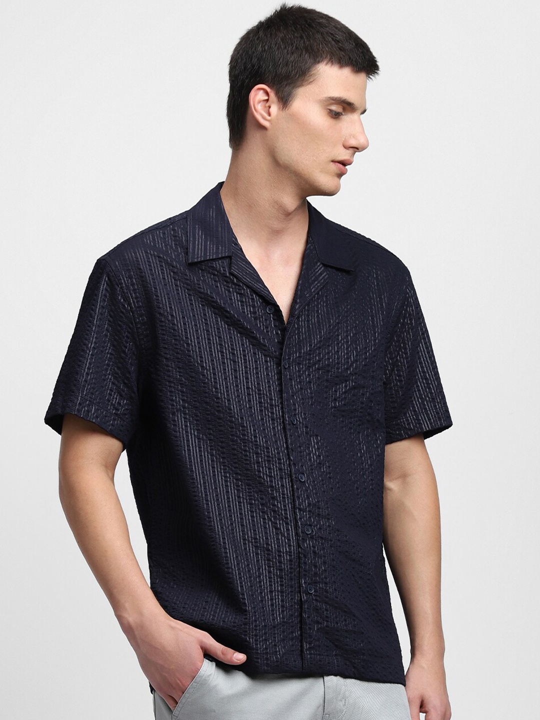 

Dennis Lingo Vertical Striped Cuban Collar Casual Shirt, Navy blue