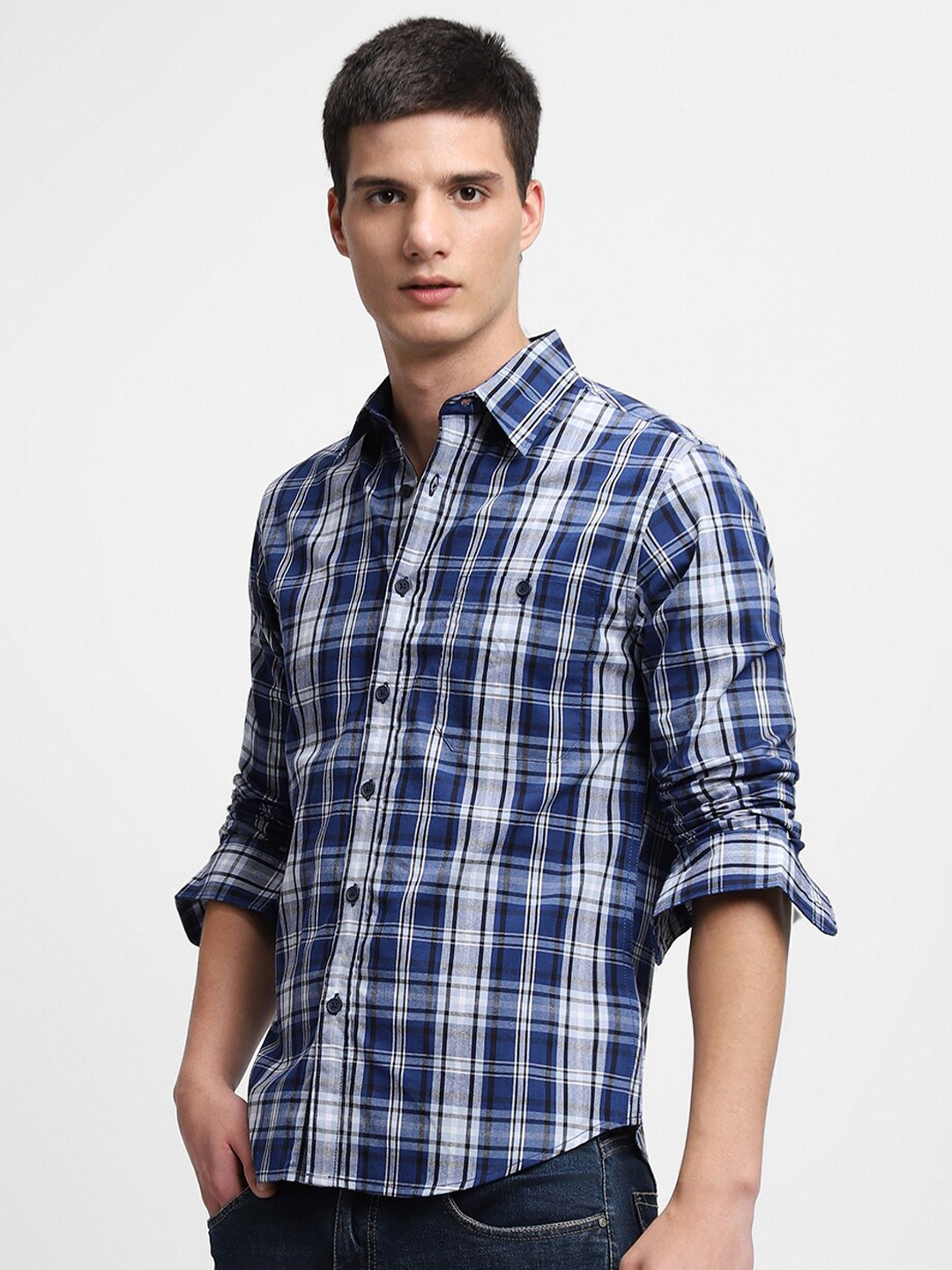 

Dennis Lingo Slim Fit Tartan Checked Casual Pure Cotton Shirt, Blue