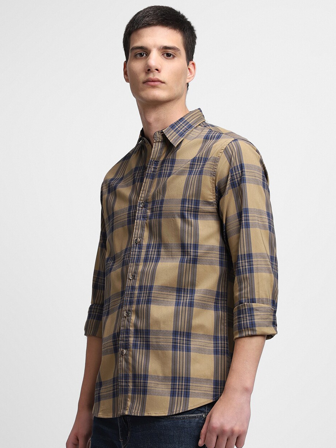

Dennis Lingo Tartan Checks Checked Slim Fit Cotton Casual Shirt, Khaki