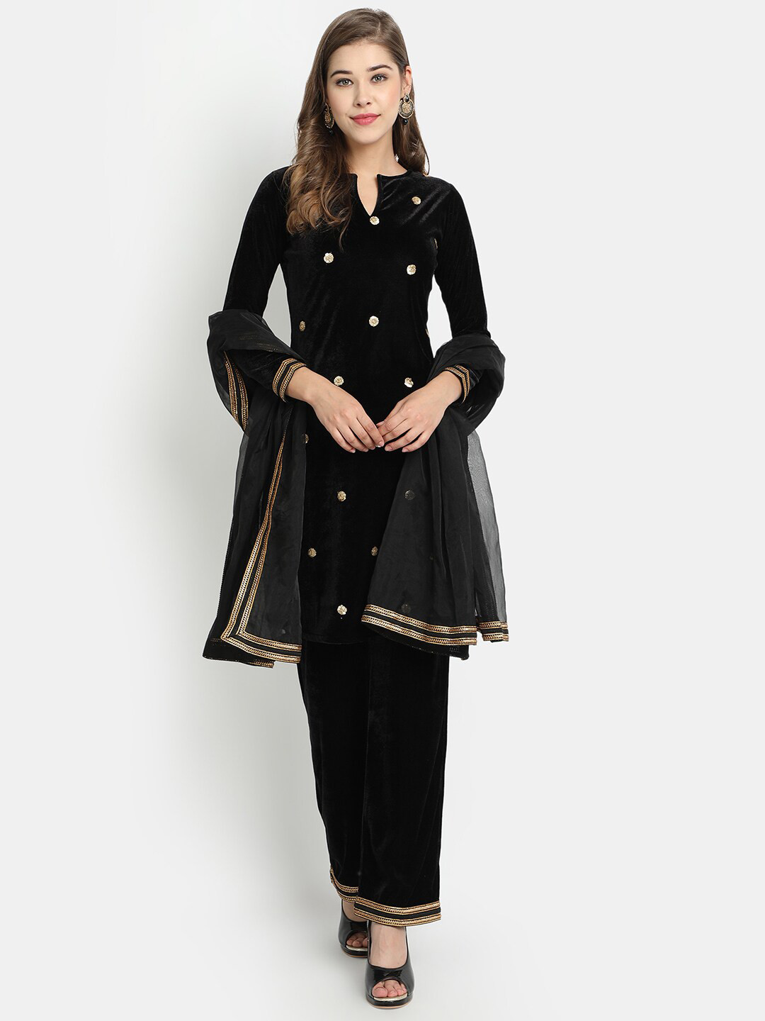 

Golden Kite Ethnic Motifs Embroidered Sequinned Velvet Kurta with Palazzos & Dupatta, Black