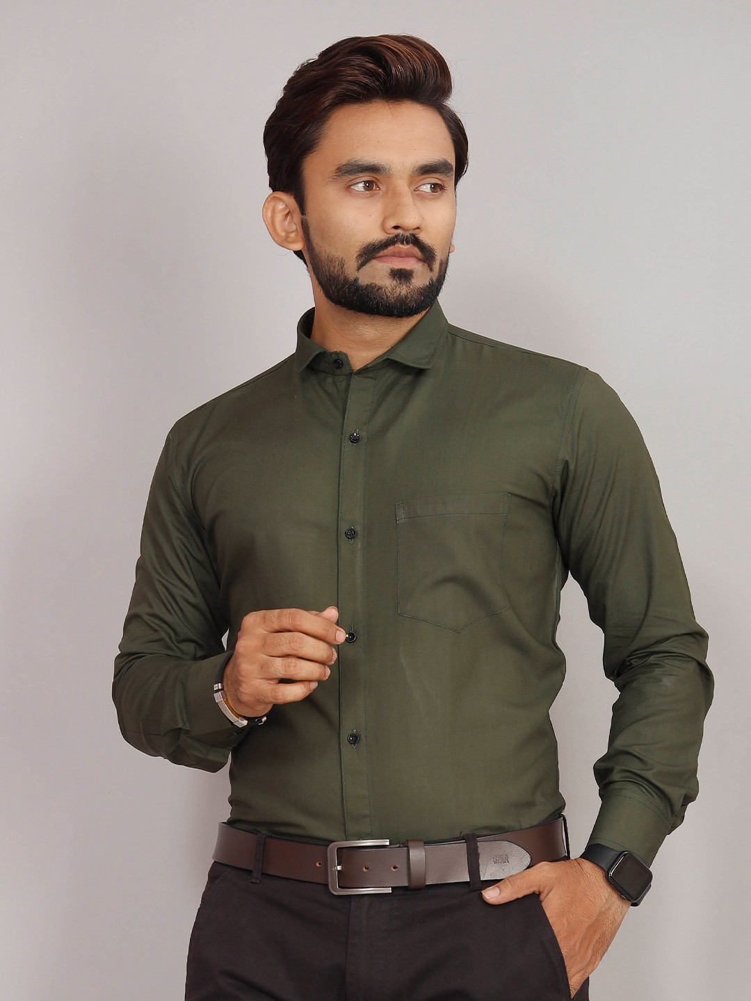 

Indian Fashionista Premium Spread Collar Long Sleeve Formal Shirt, Olive