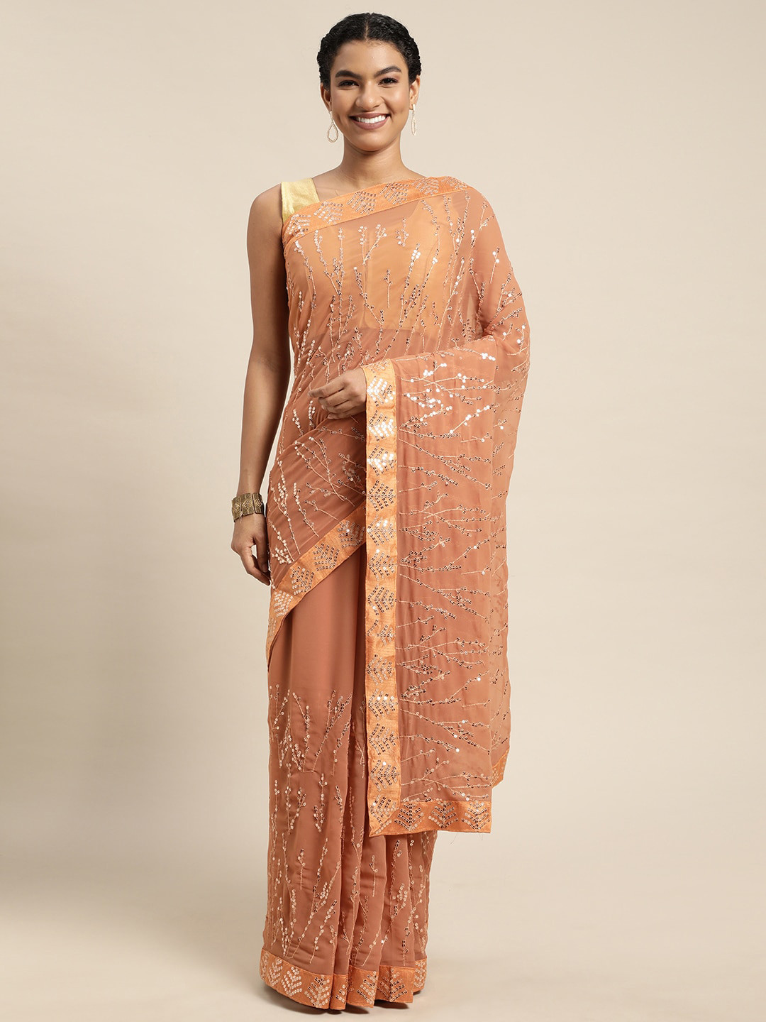 

KALINI Embellished Sequinned Pure Georgette Saree, Orange