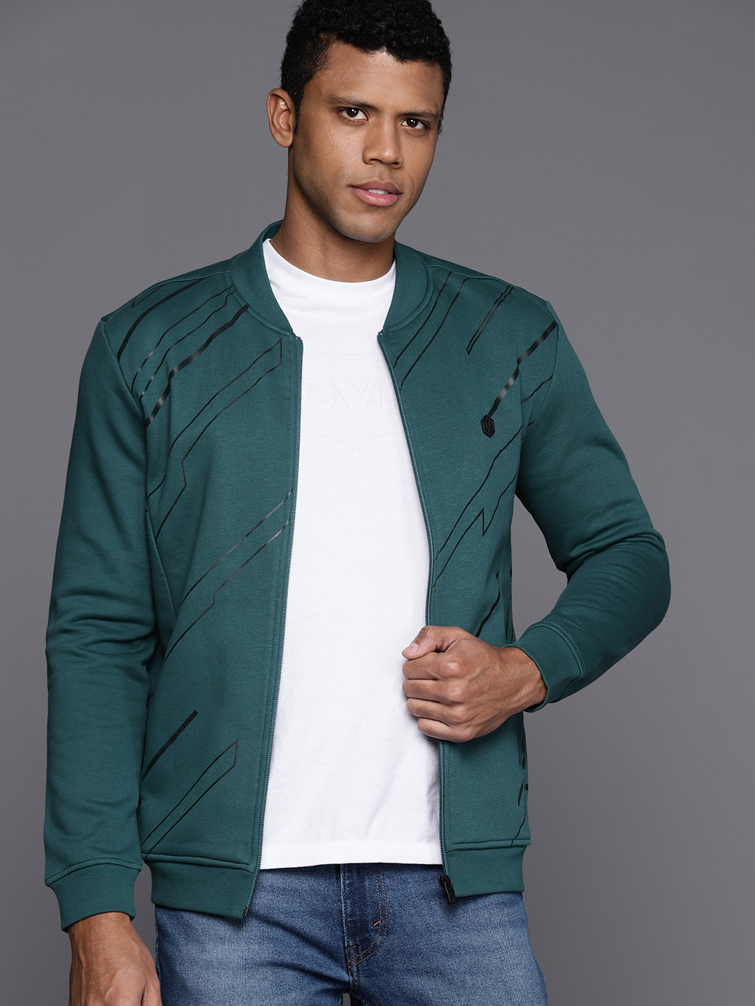 

Allen Solly Abstract Printed Stand Collar Front-Open Sweatshirt, Teal