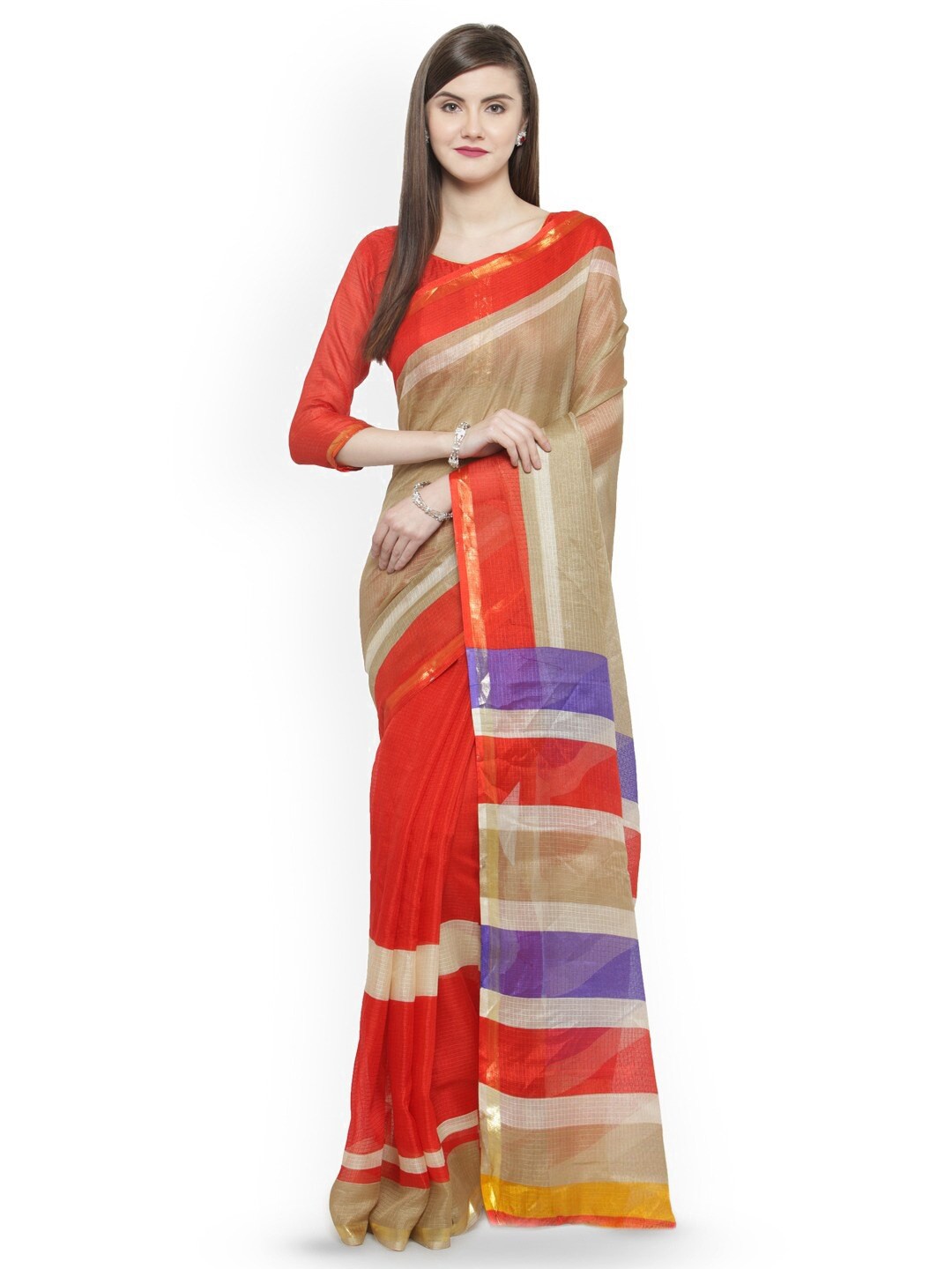 

HRITIKA Striped Zari Silk Cotton Saree, Beige