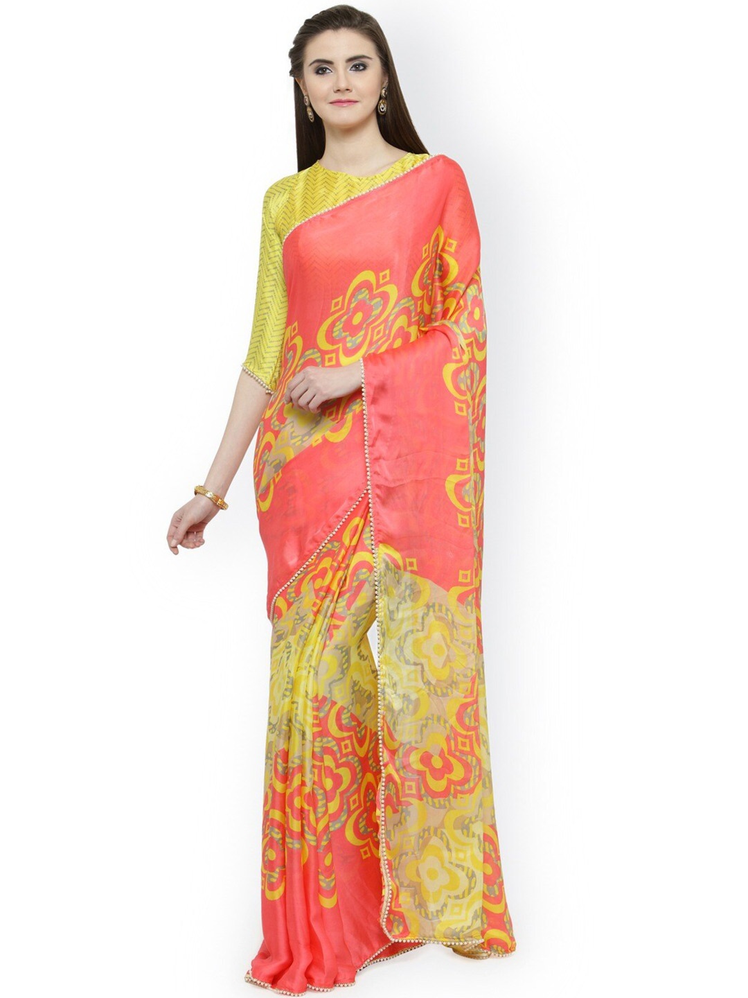 

HRITIKA Floral Printed Satin Saree, Pink