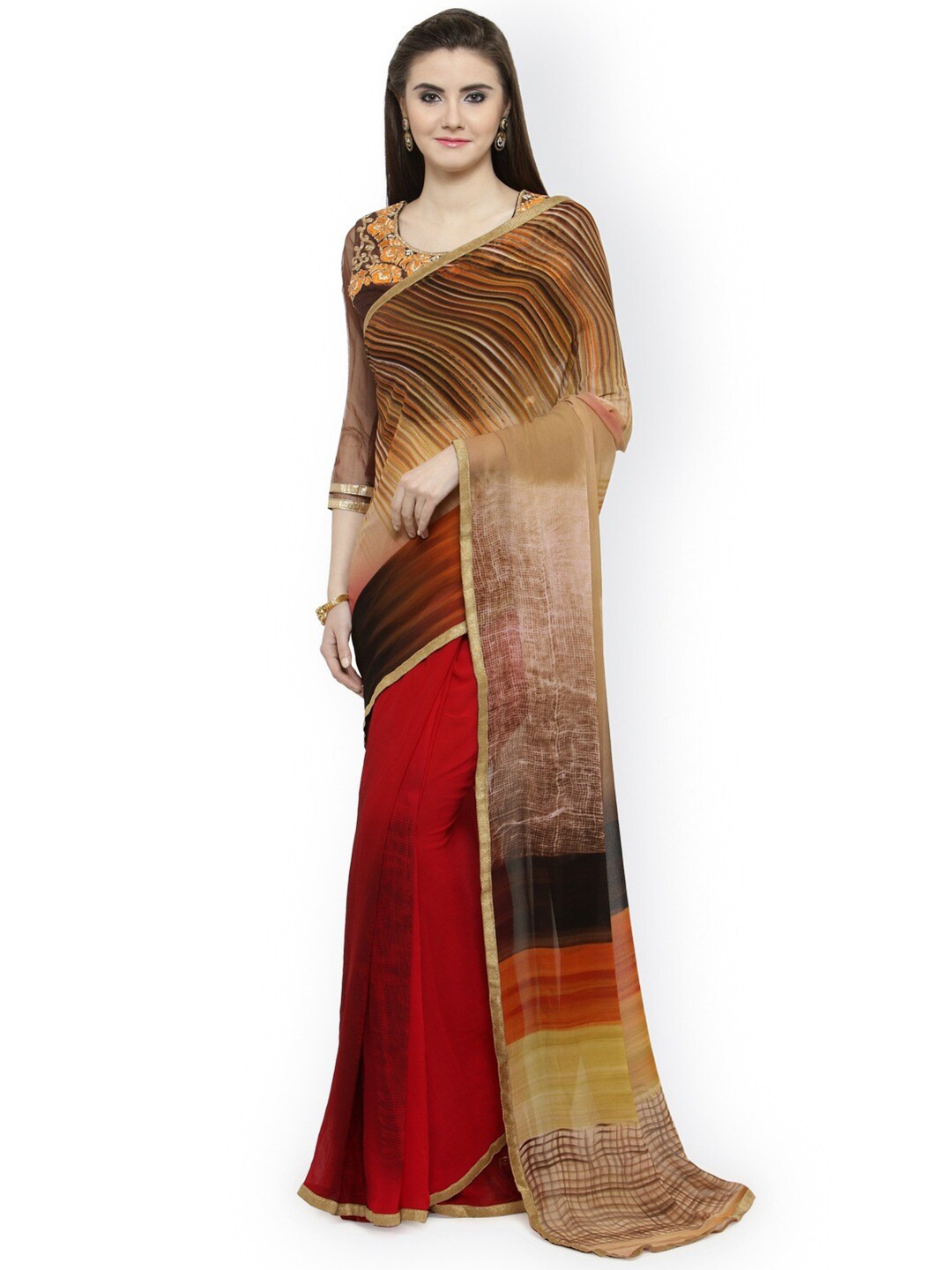 

HRITIKA Abstract Printed Pure Georgette Half and Half Saree, Brown