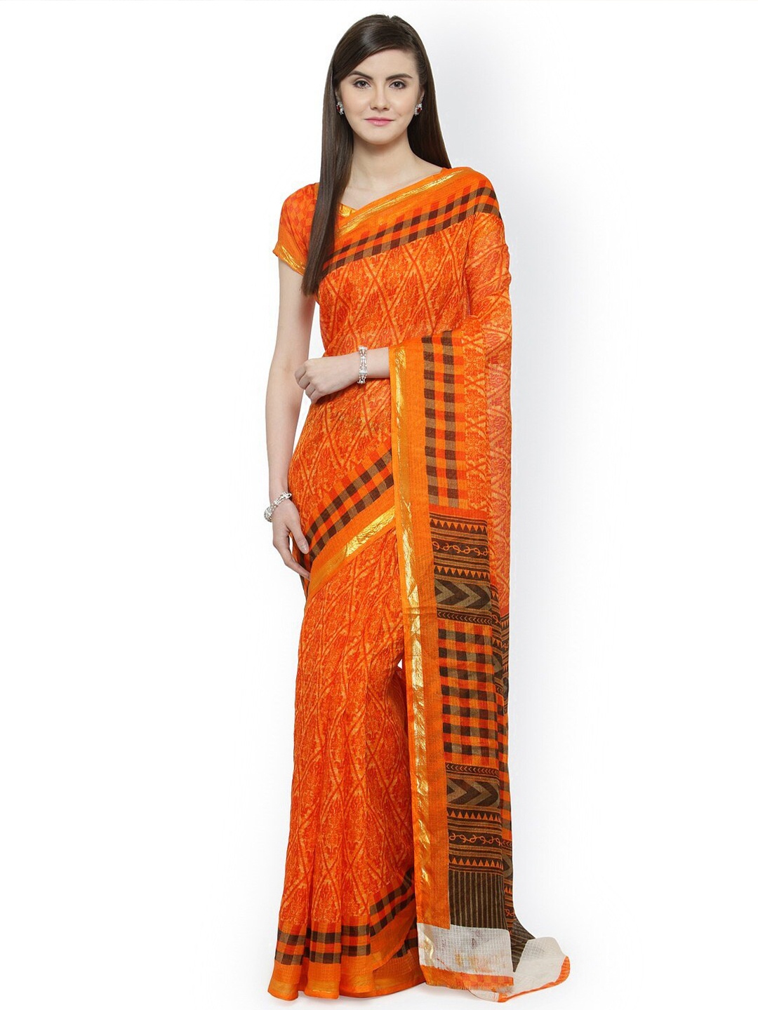 

HRITIKA Geometric Printed Silk Cotton Saree, Orange