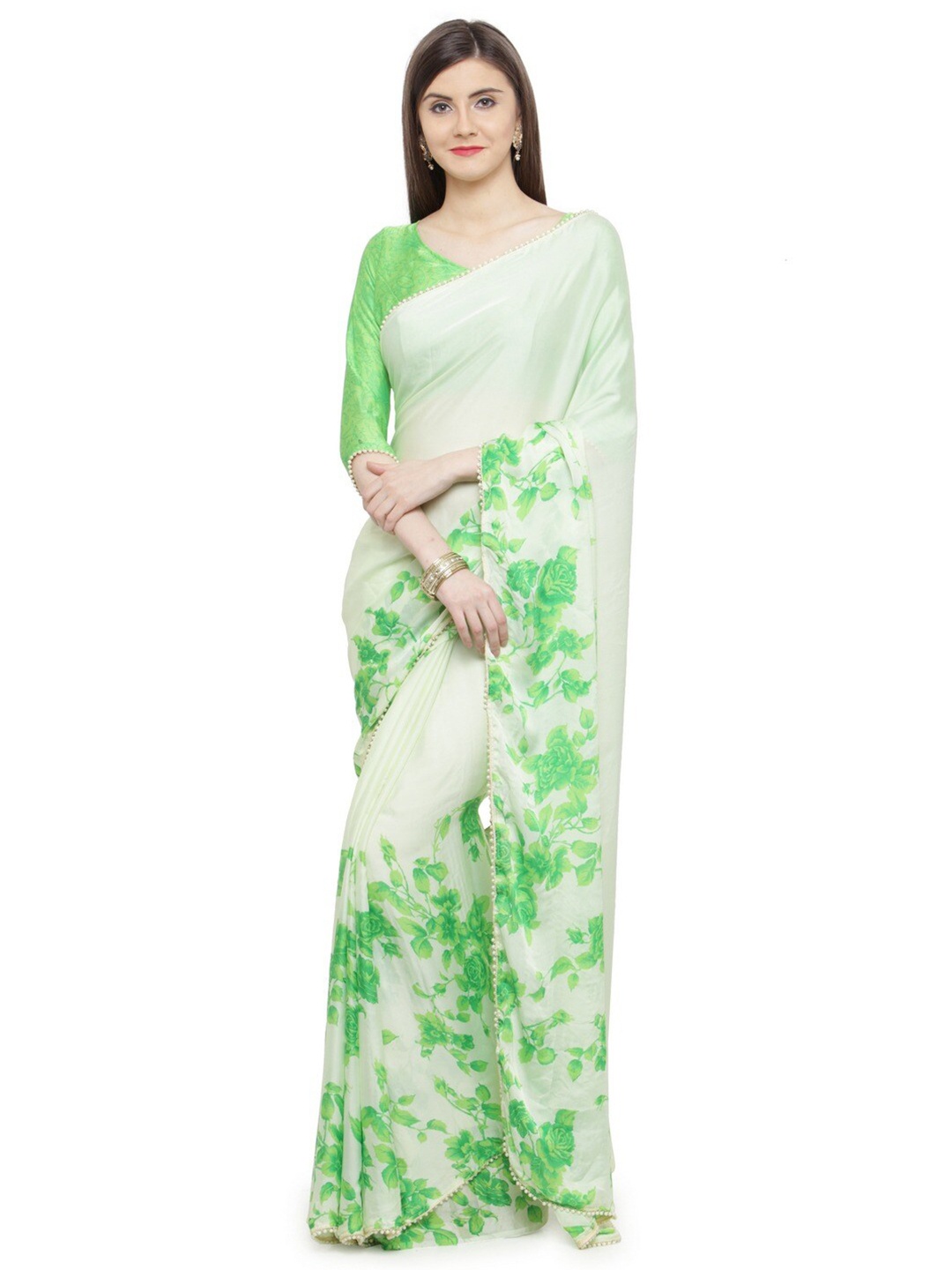 

HRITIKA Floral Printed Beads and Stones Satin Saree, White
