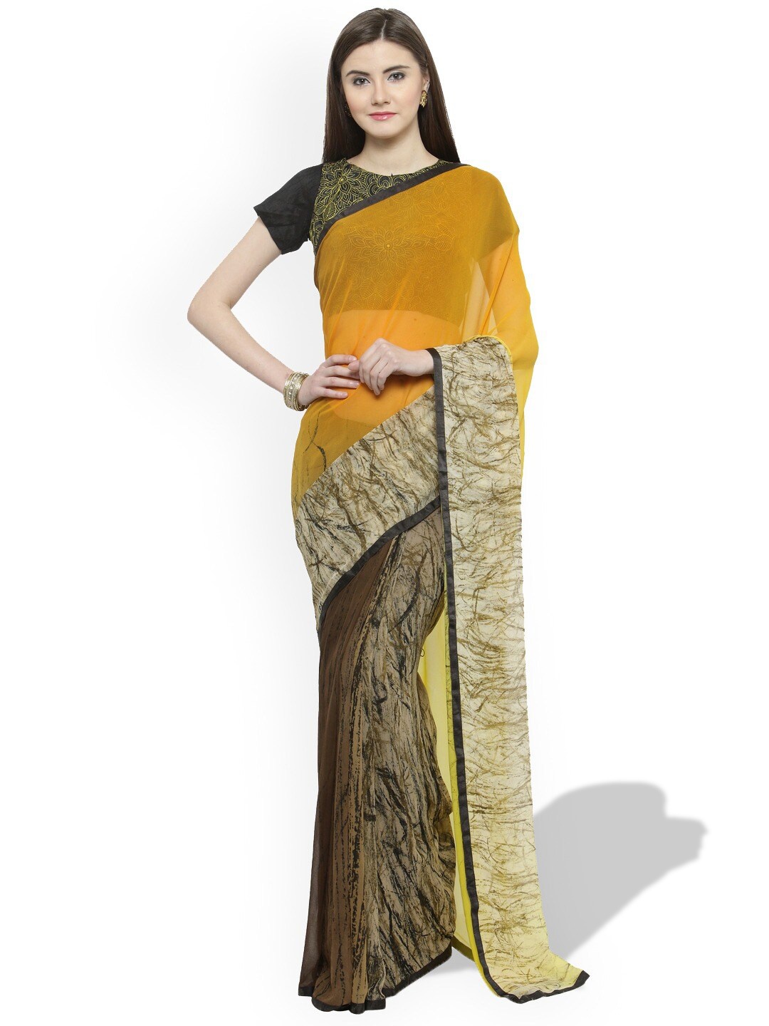

HRITIKA Abstract Printed Pure Georgette Half and Half Saree, Yellow
