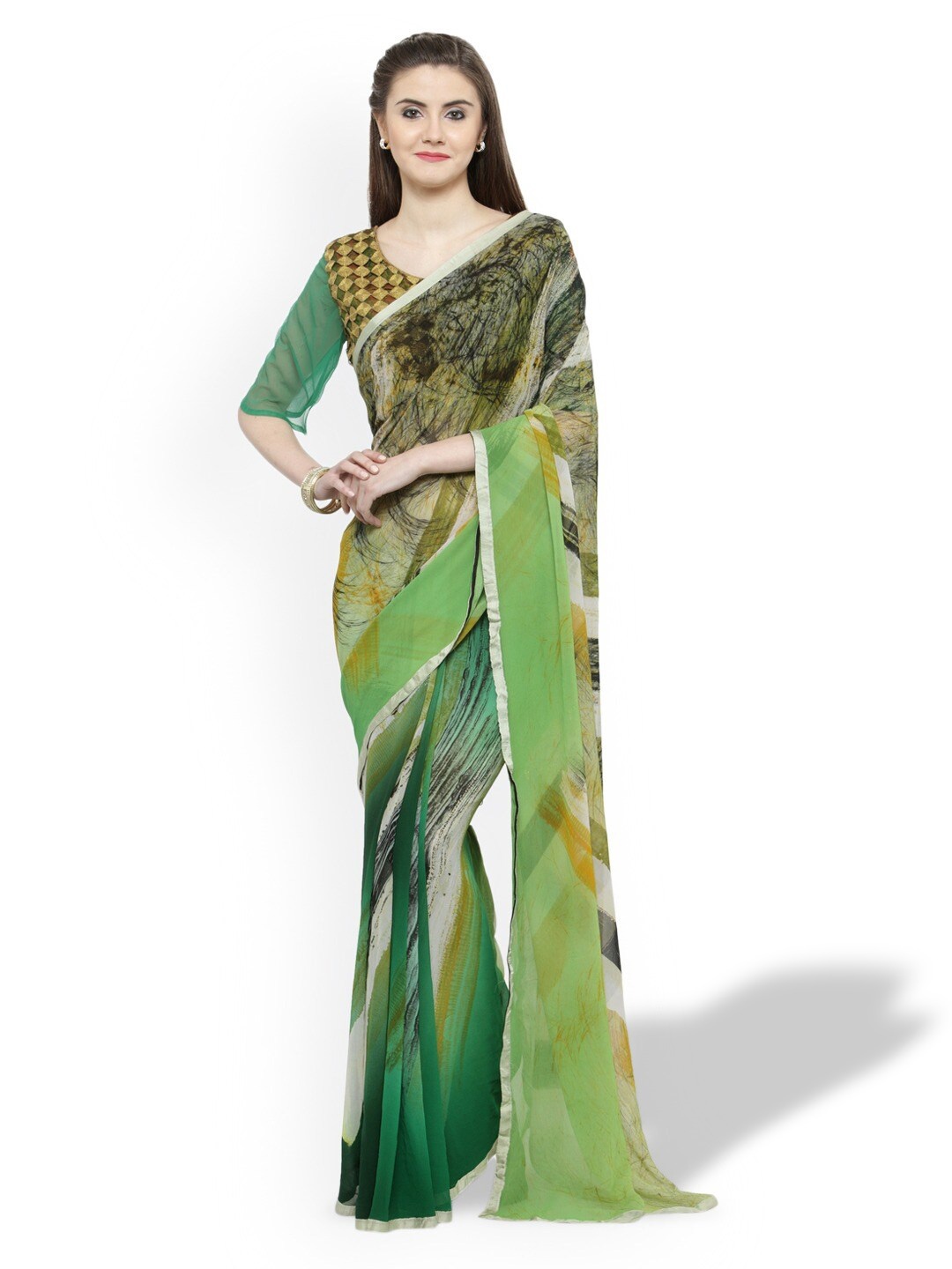 

HRITIKA Abstract Printed Pure Georgette Saree, Green