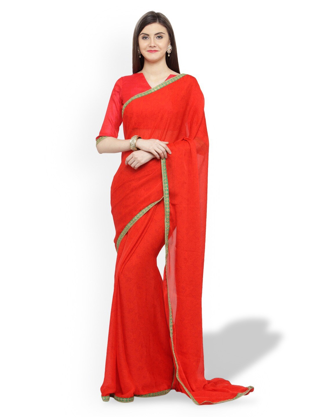 

HRITIKA Embroidered Border Pure Georgette Saree, Red