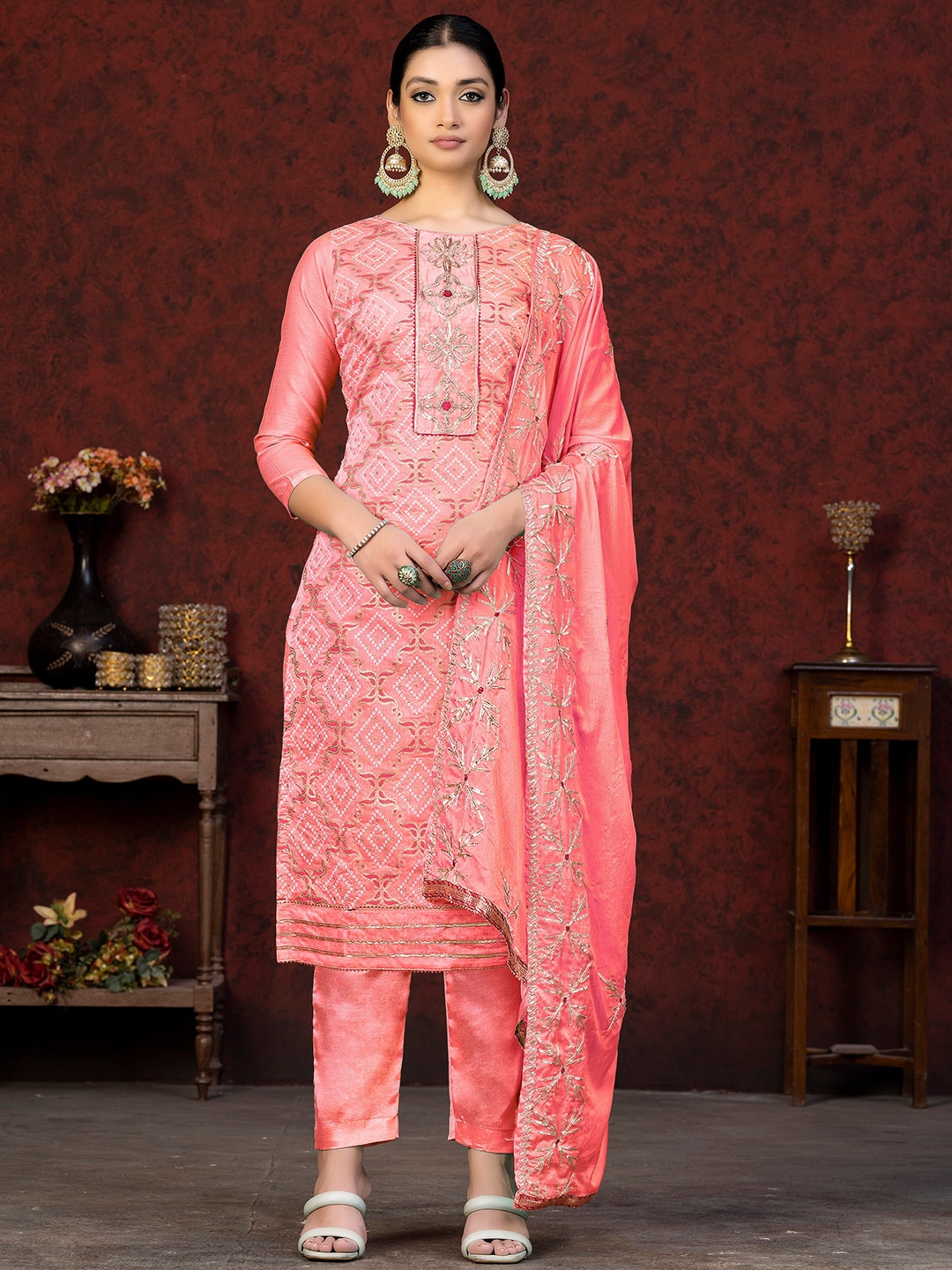 

KALINI Bandhani Printed Unstitched Dress Material, Pink