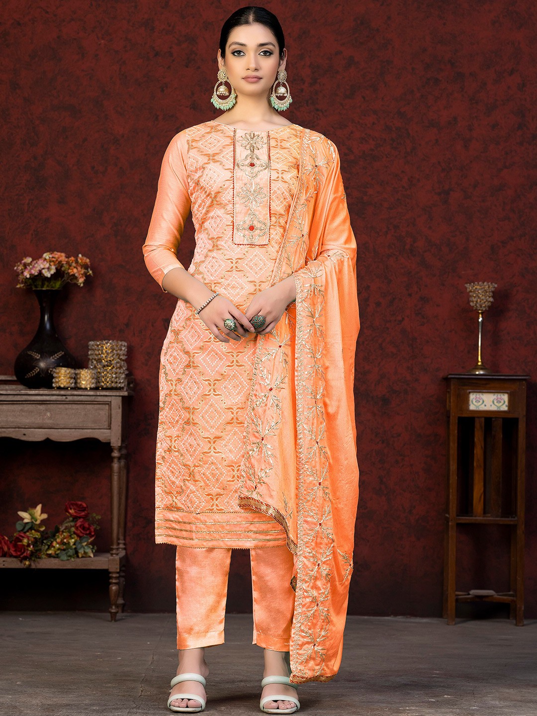 

KALINI Bandhani Printed Unstitched Dress Material, Orange