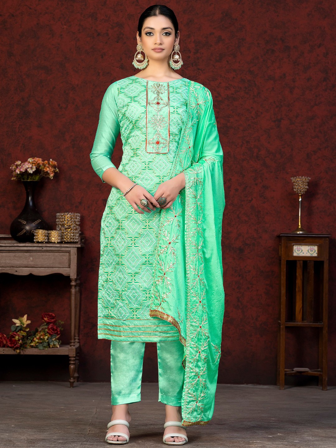 

KALINI Bandhani Printed Unstitched Dress Material, Green