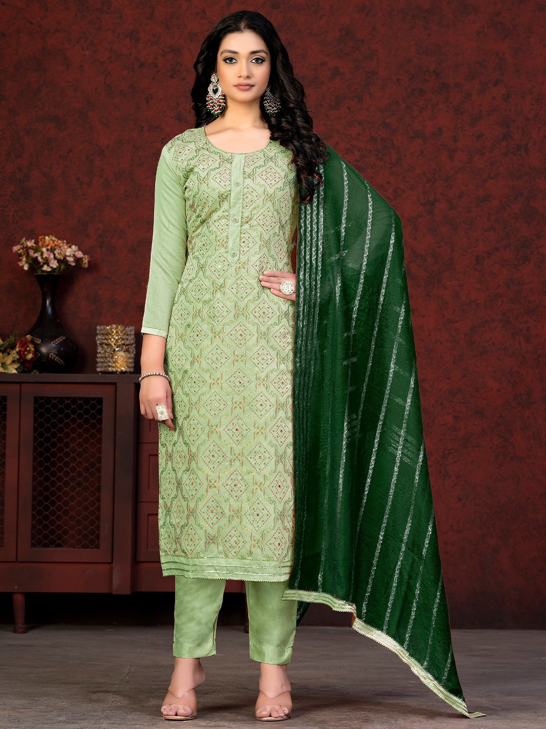 

KALINI Bandhani Printed Mirror Work Unstitched Dress Material, Green