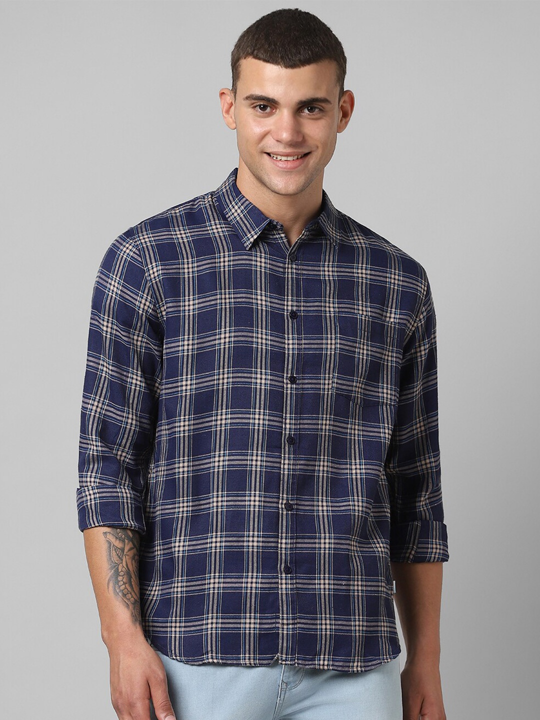 

People Slim Fit Opaque Checked Casual Shirt, Navy blue