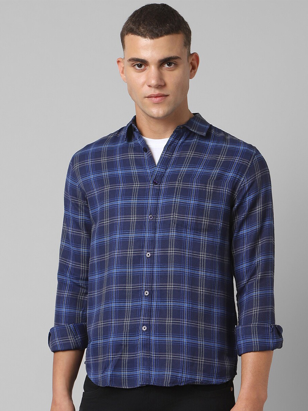 

People Slim Fit Opaque Checked Casual Shirt, Blue