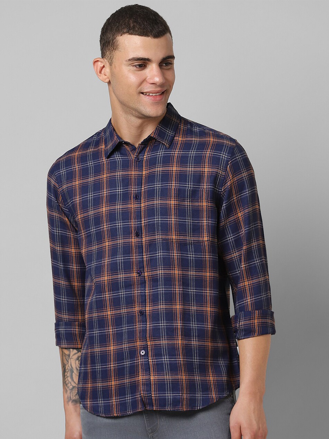 

People Blue Slim Fit Checked Casual Shirt, Yellow