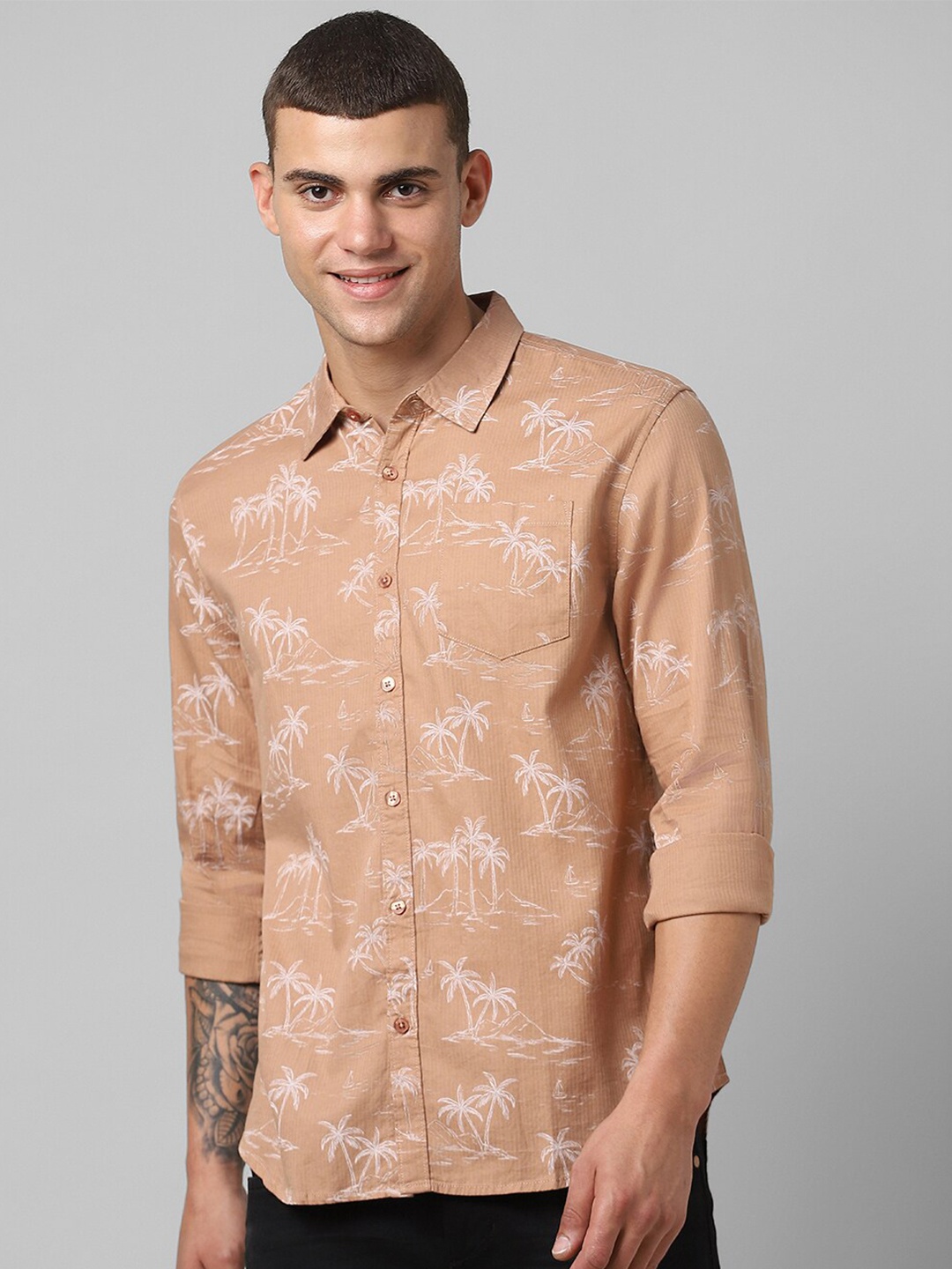 

People Slim Fit Tropical Printed Pure Cotton Casual Shirt, Tan