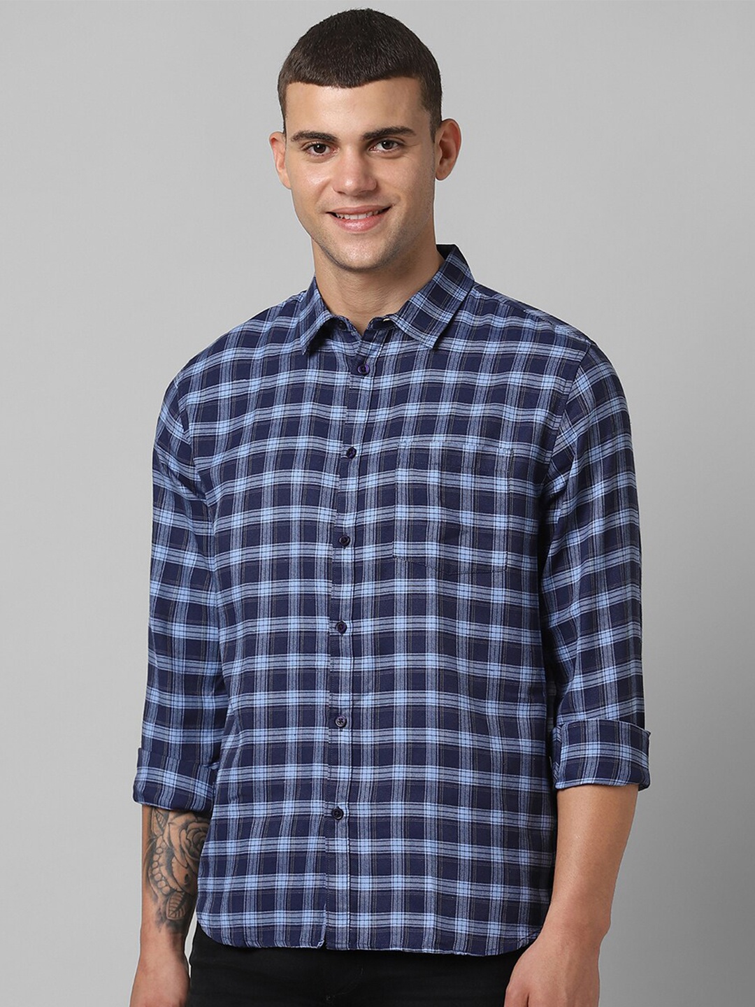 

People Slim Fit Opaque Checked Casual Shirt, Blue