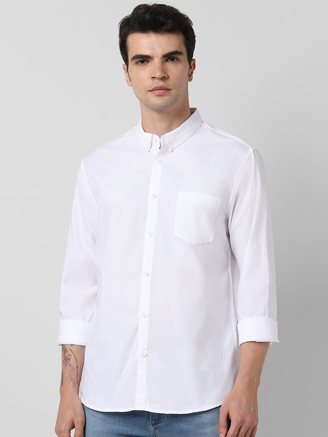 

People White Slim Fit Button-Down Collar Pure Cotton Casual Shirt