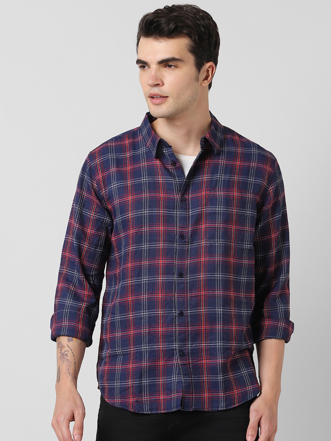 

People Tartan Checked Cotton Casual Shirt, Red
