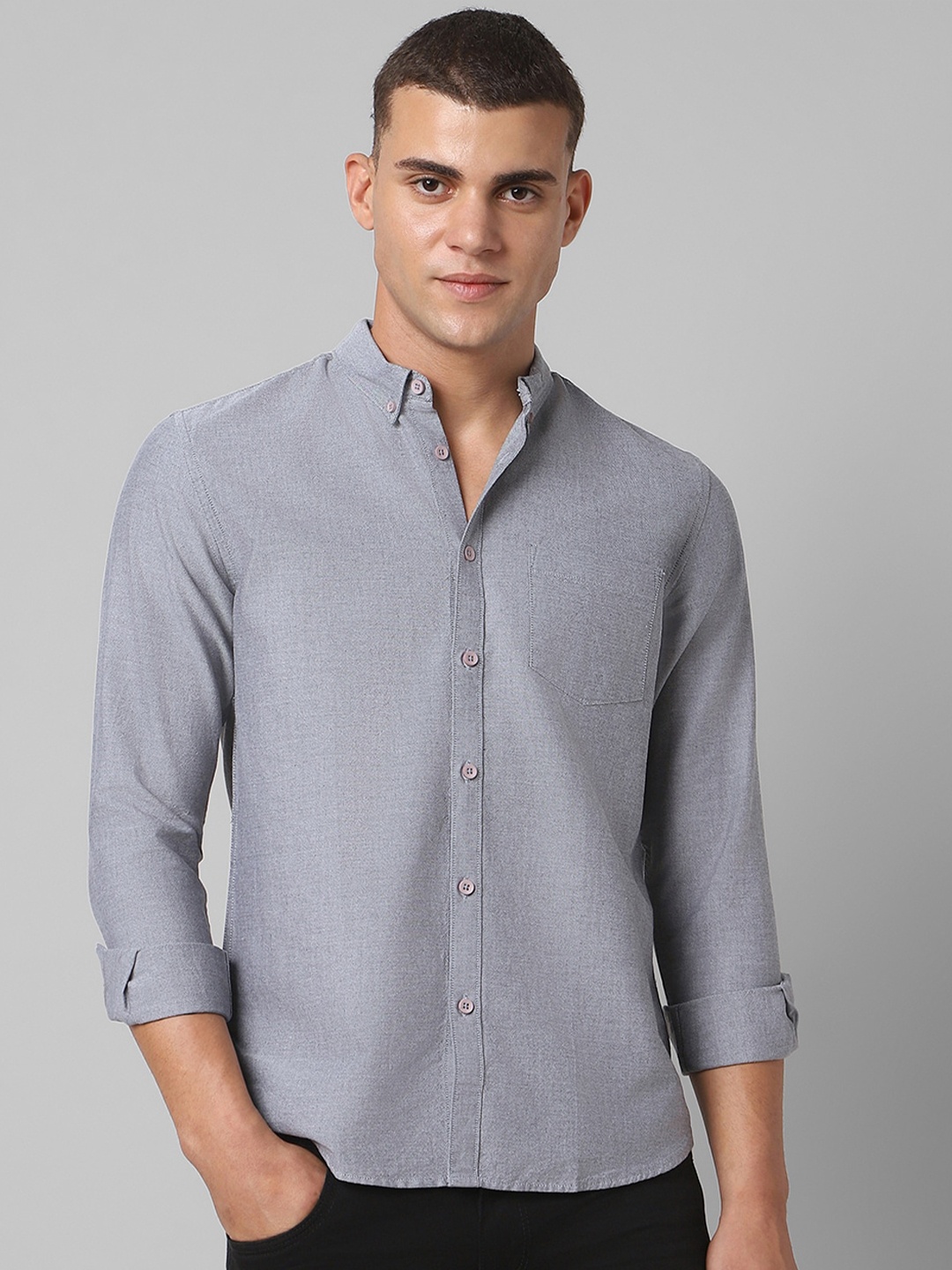 

People Button-Down Collar Cotton Casual Shirt, Grey