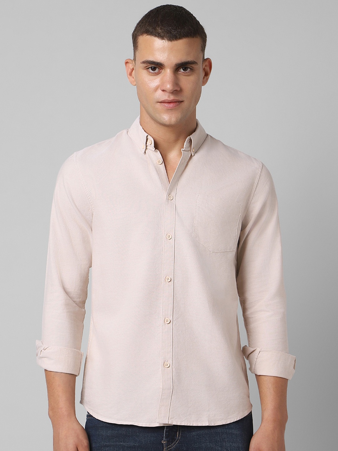 

People Slim Fit Opaque Pure Cotton Casual Shirt, Cream