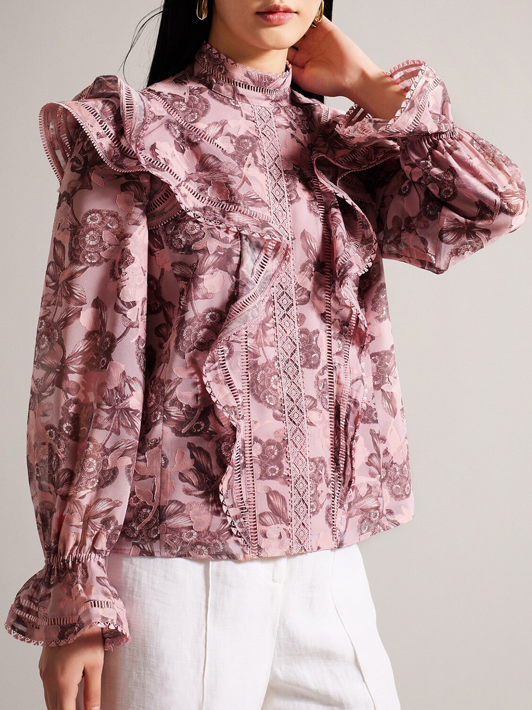 

Ted Baker Floral Printed Lace Insert & Ruffles Top, Pink
