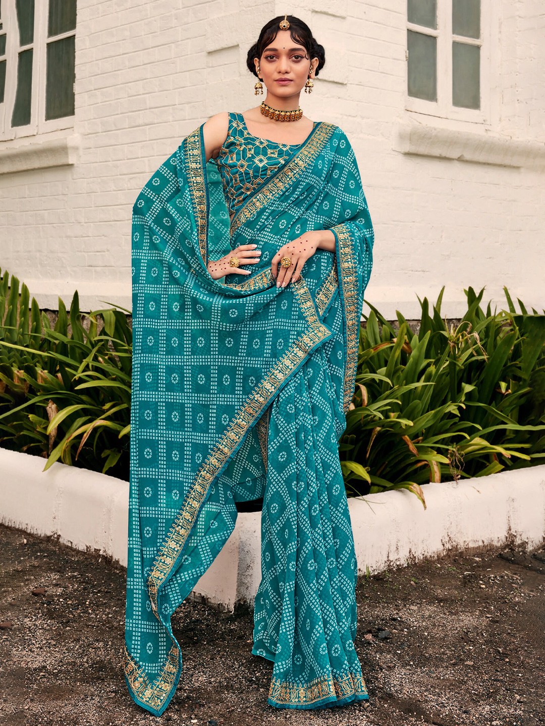 

elora Bandhani Printed Saree, Blue