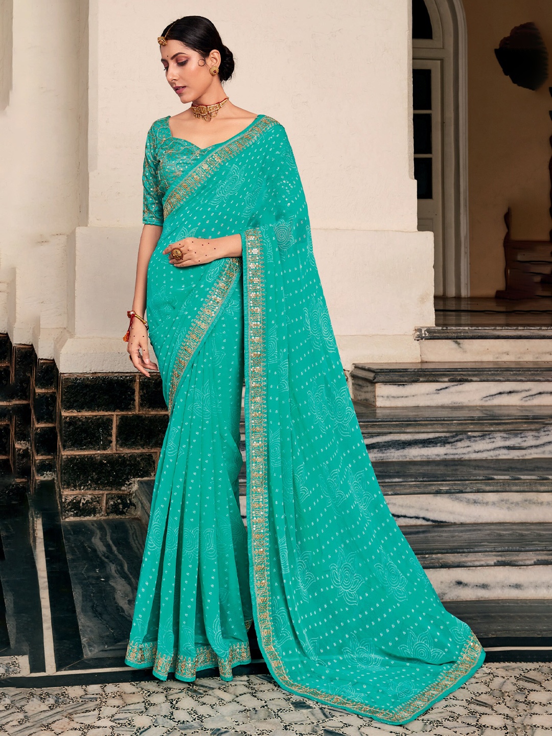 

elora Sequinned Bandhani Saree, Blue