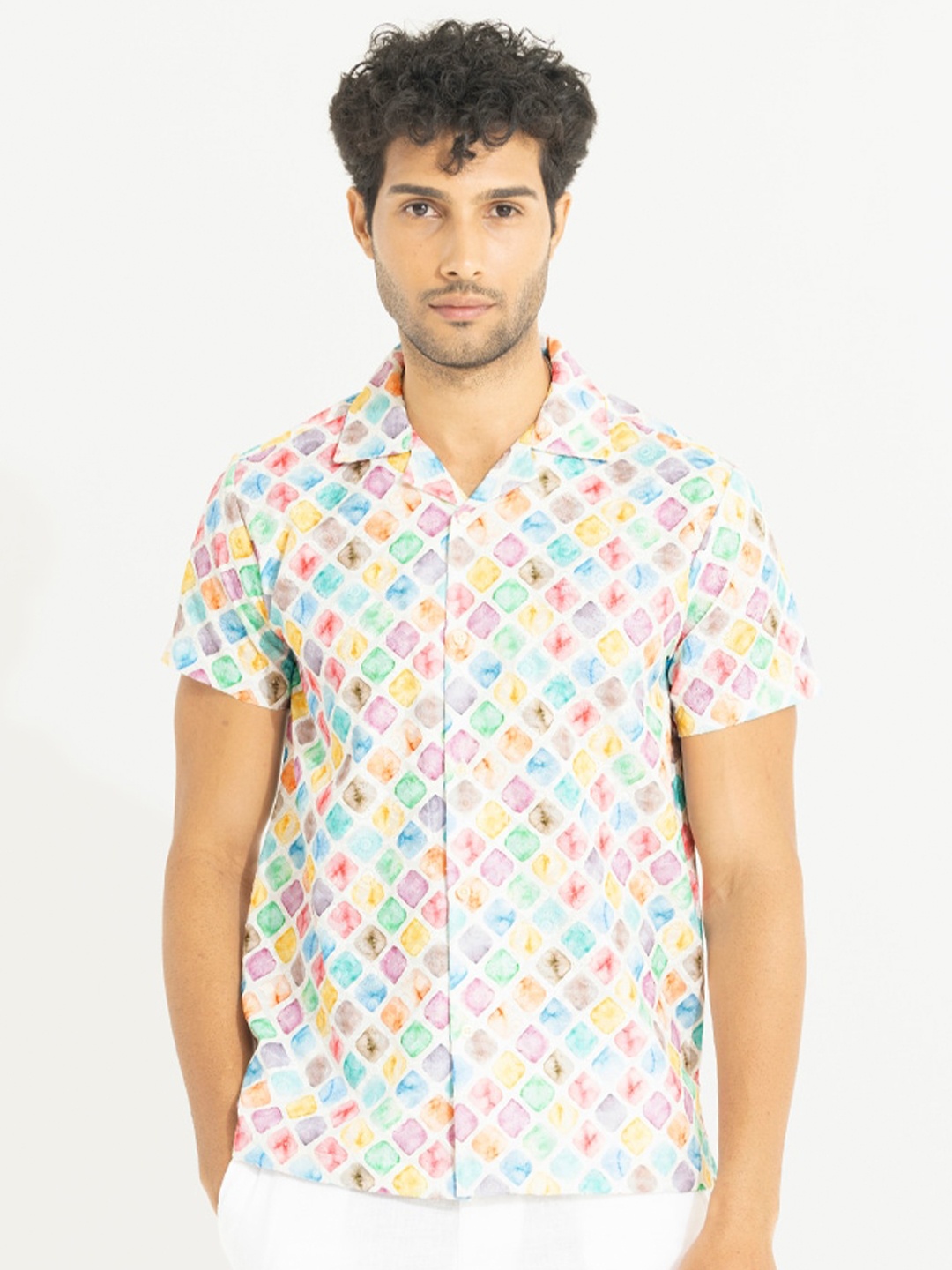 

Snitch White & Blue Slim Fit Abstract Printed Casual Cotton Shirt