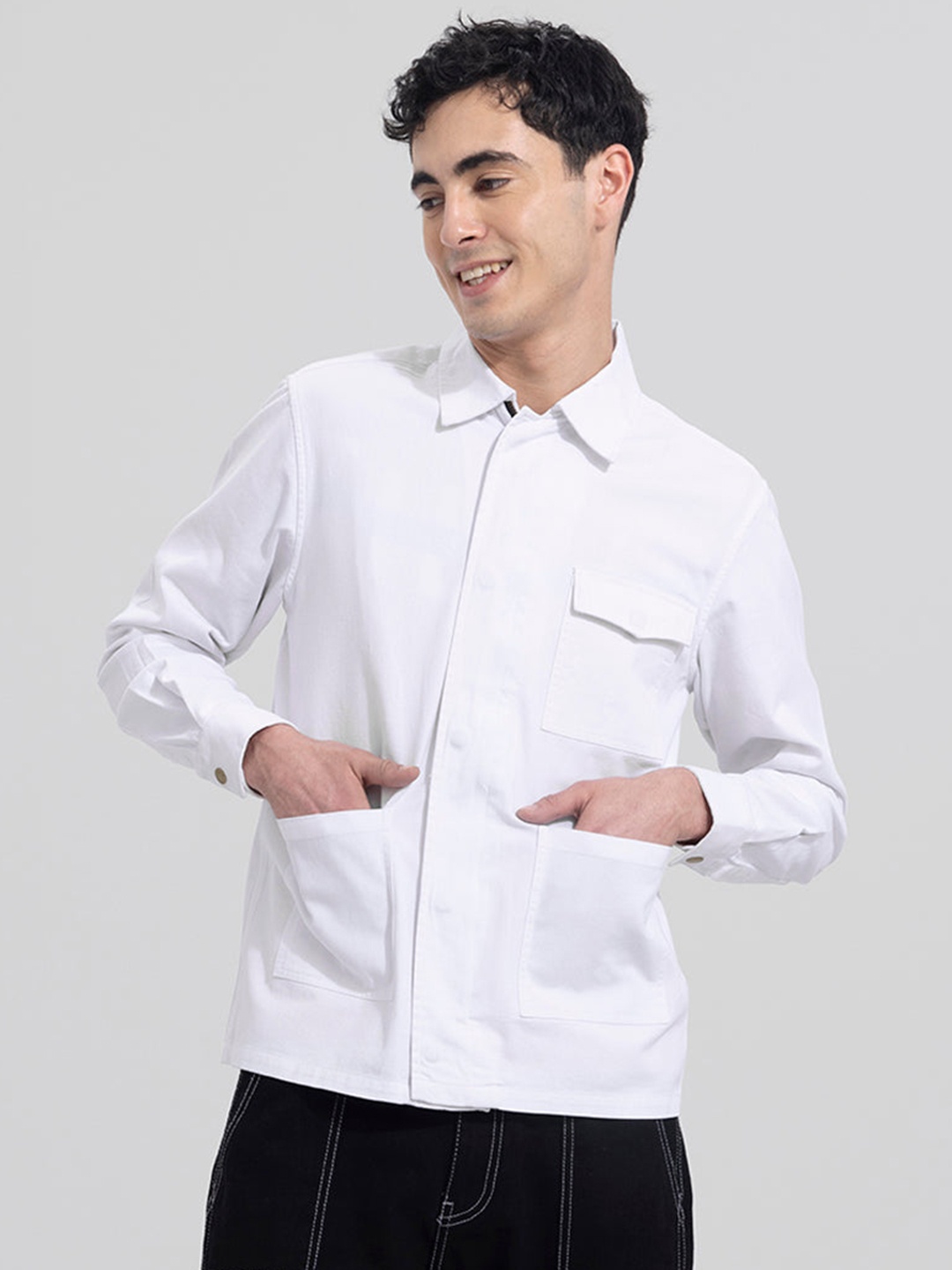 

Snitch White Spread Collar Triple Pocket Casual Oversized Satin Shacket