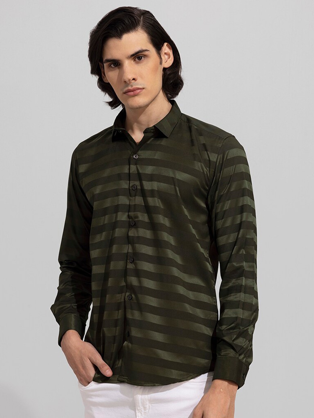 

Snitch Slim Fit Horizontal Striped Casual Shirt, Olive
