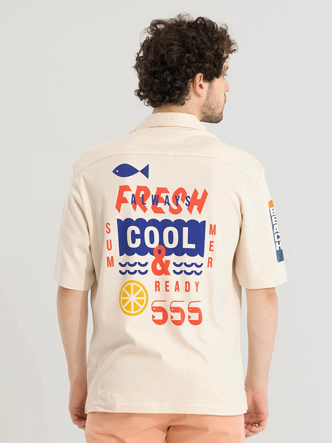 

Snitch Cream Coloured Graphic Printed Cotton Casual Shirt