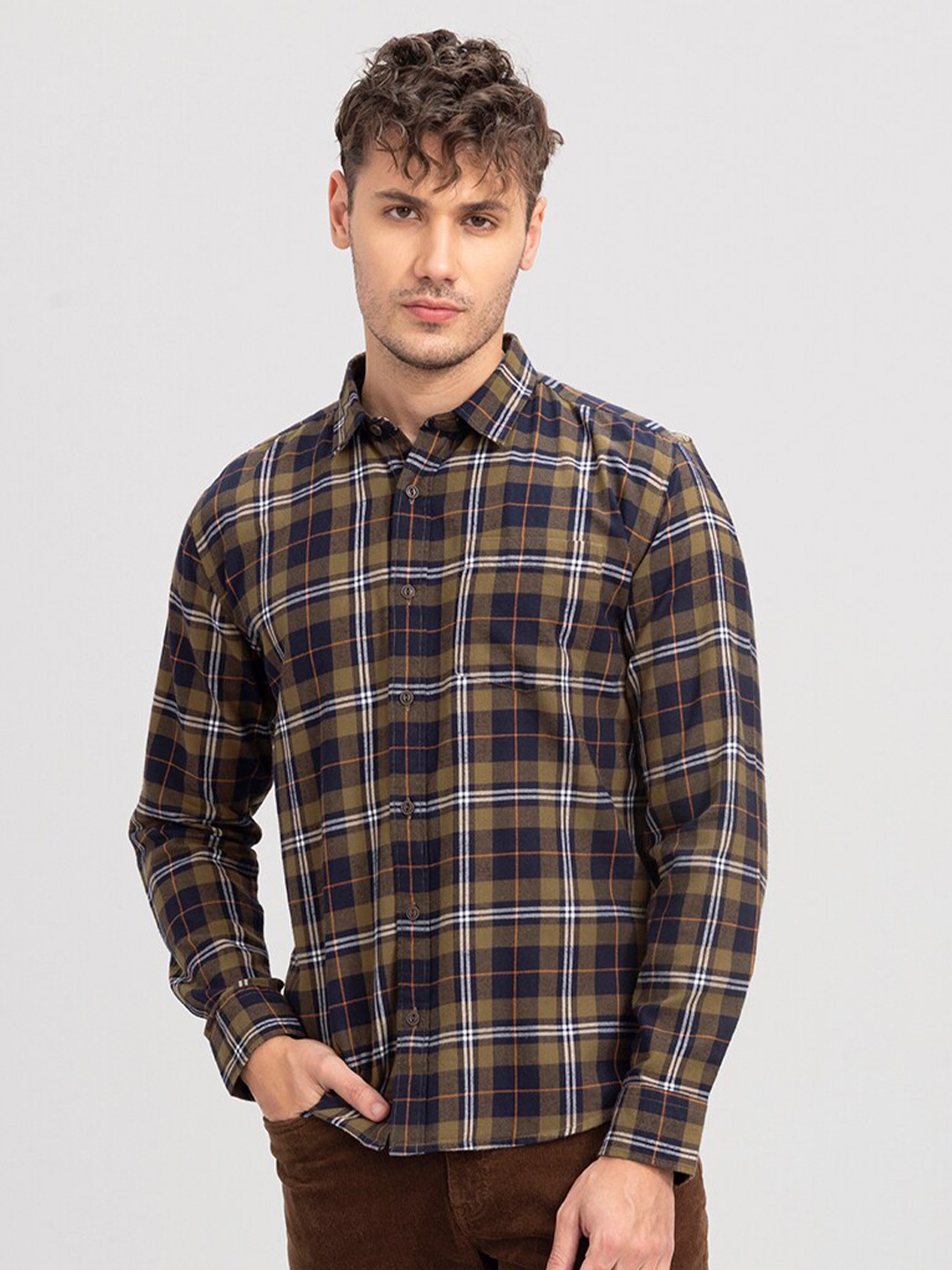 

Snitch Slim Fit Tartan Checked Casual Cotton Shirt, Brown