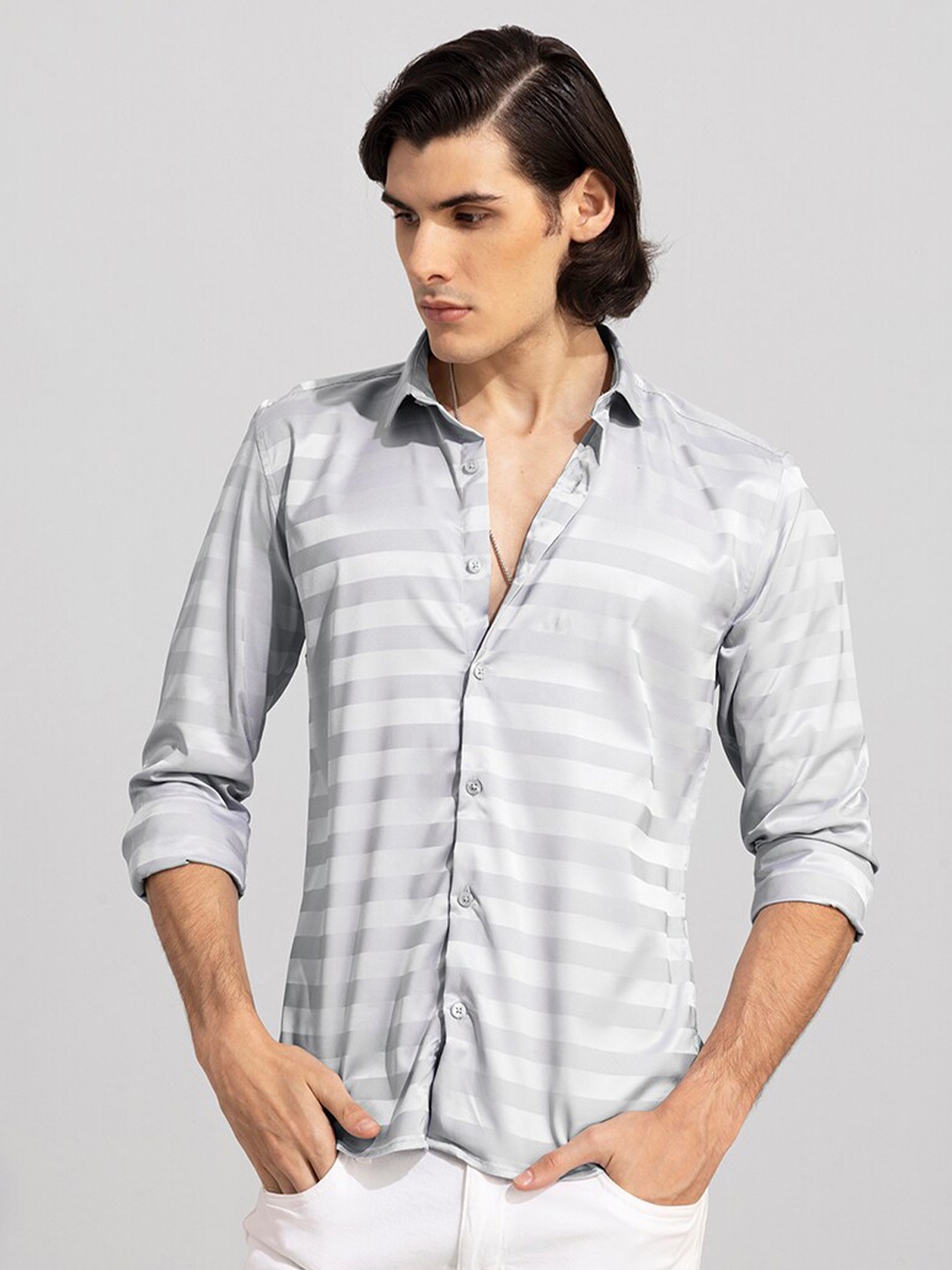 

Snitch Grey Slim Fit Horizontal Striped Casual Shirt